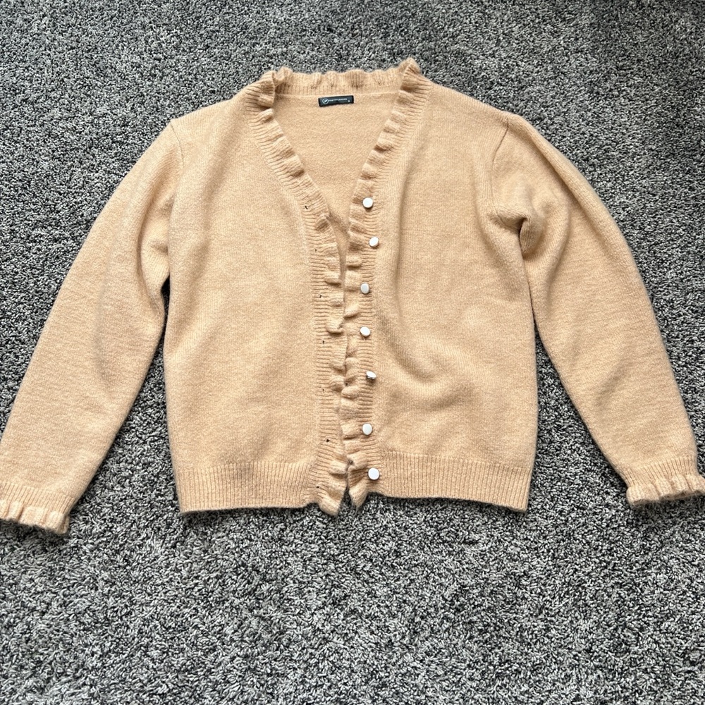 Tan Ruffle Button-Up Sweater